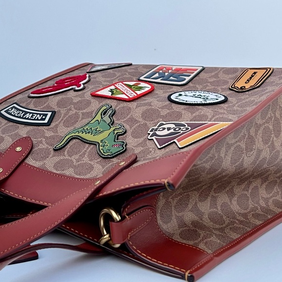 COACH Field Tote In Signature Jacquard Canvas With Patches & Rexy Scarf - Picture 10 of 12